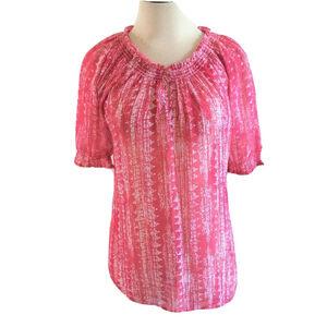 Chico's Red White Geometric Print Semi Sheer Short Sleeve Keyhole Blouse Sz 0